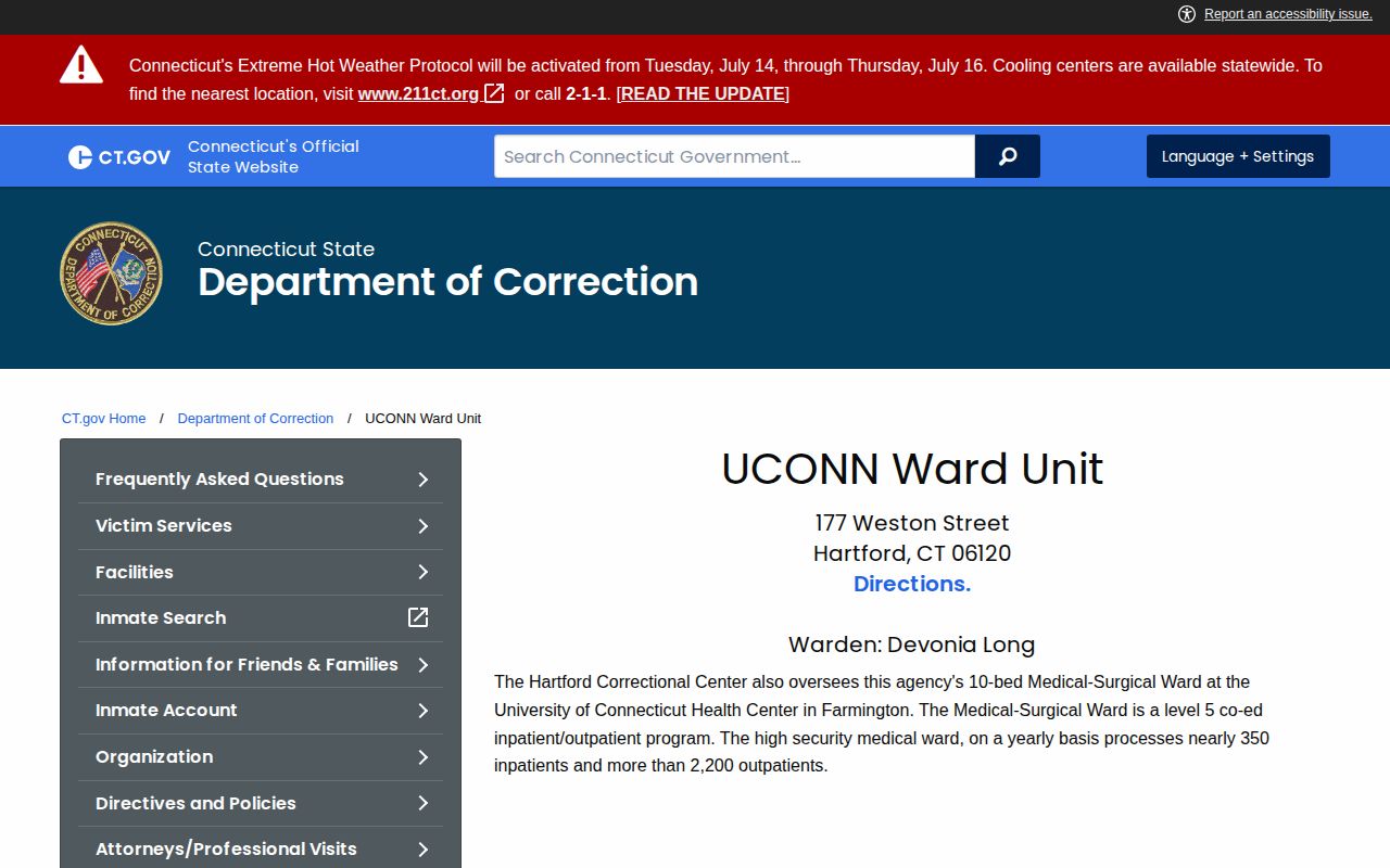 UConn Health Medical-Surgical Ward release and CT DOC custody page