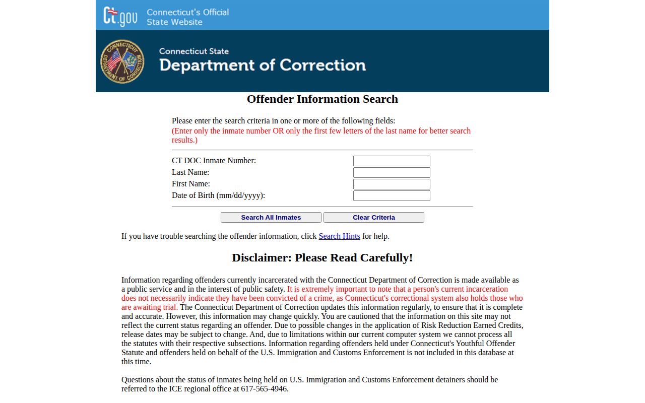 West Hartford County released inmate search on the CT DOC portal
