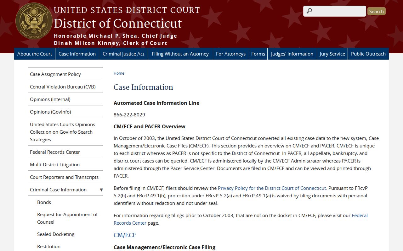 District of Connecticut Hartford federal release case information