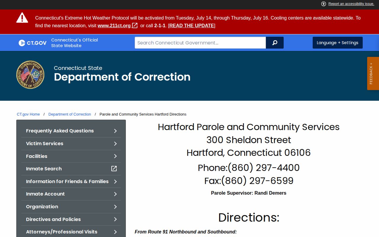 West Hartford parole and probation Hartford supervision office details