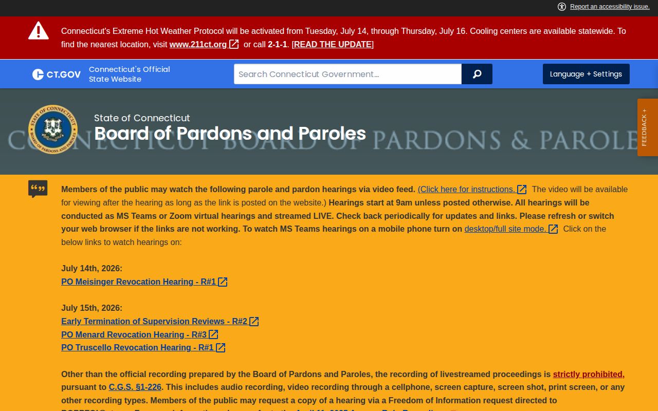 West Hartford parole and probation hearing schedule records