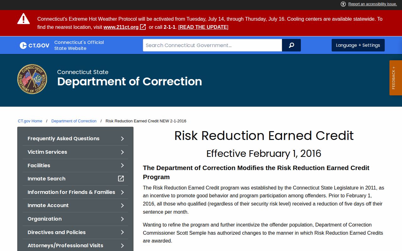 West Hartford projected release date Risk Reduction Earned Credit rules